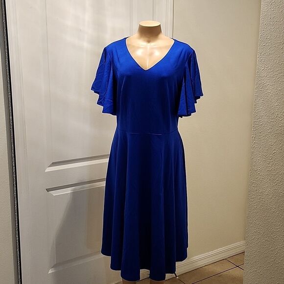 BRIDESMAY FIT AND FLARE V-NECK RUFFLE SLEEVE WOMEN'S DRESS - Picture 11 of 11